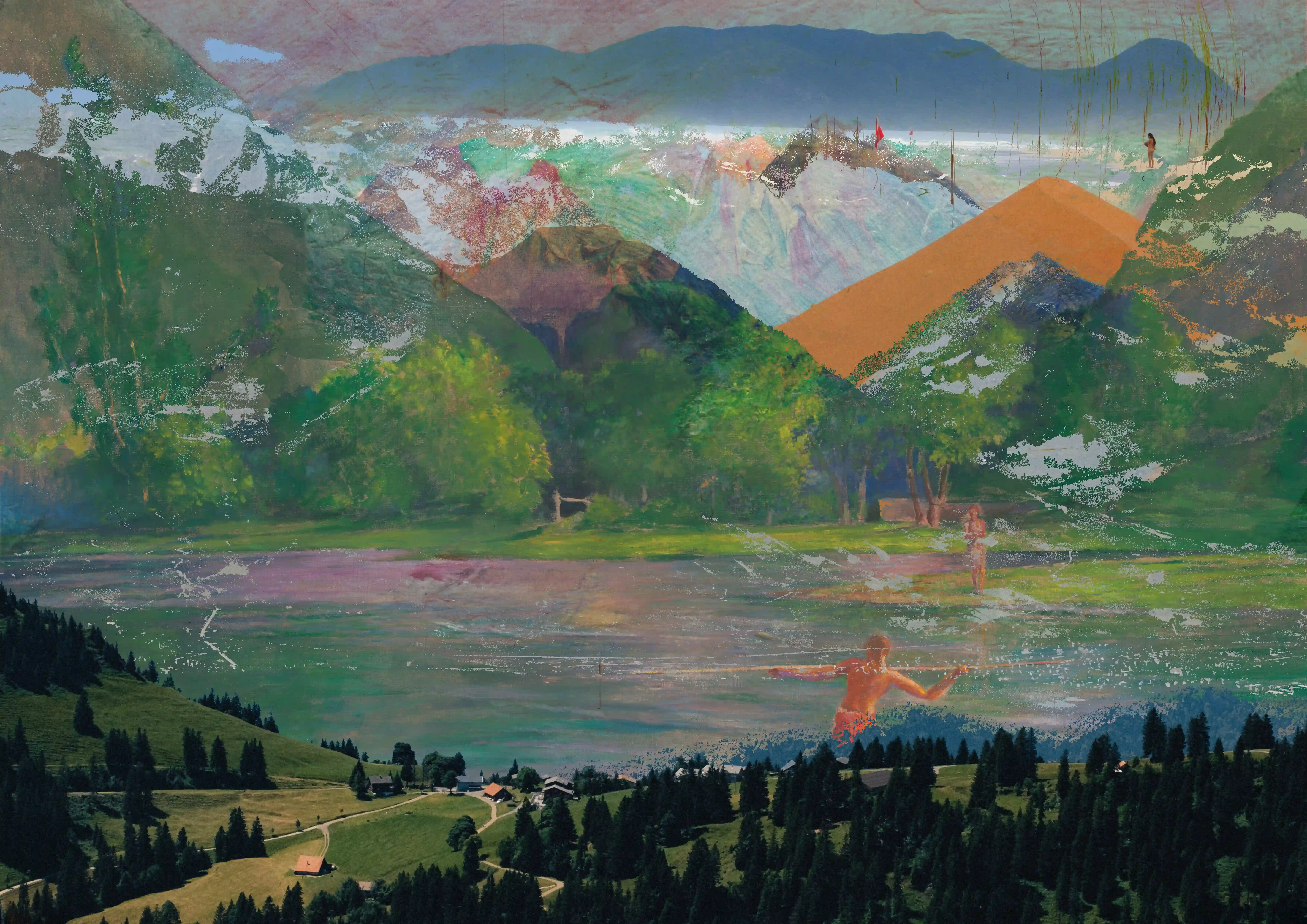 Layered digital collage combining landscapes from Switzerland, Namibia’s dunes, and a photograph of Muizenberg with Table Mountain, with abundant green and ethereal ancient human figures.
